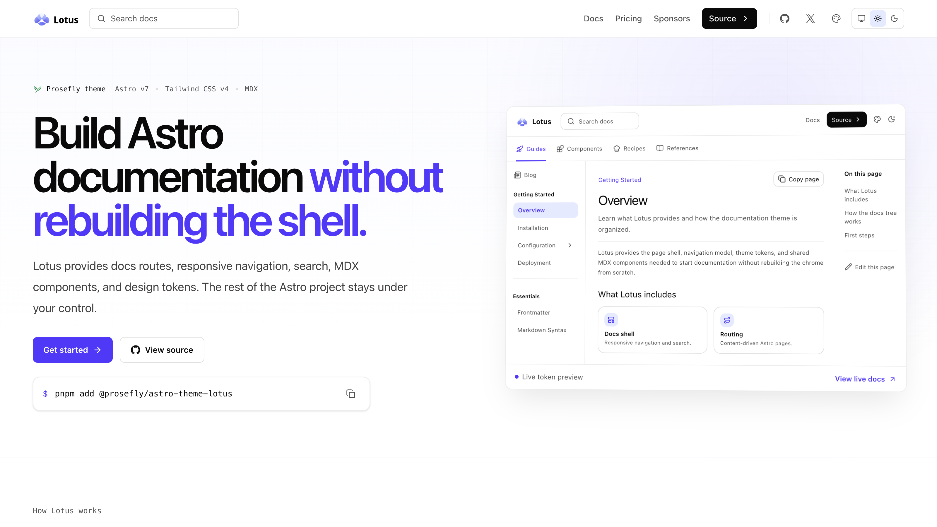 Lotus documentation homepage with navigation, search, and a live preview