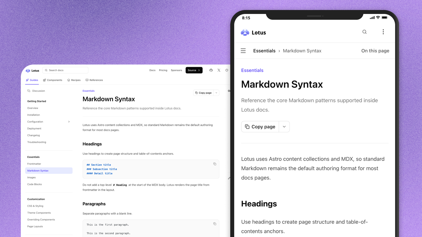 Lotus documentation pages shown on desktop and mobile screens